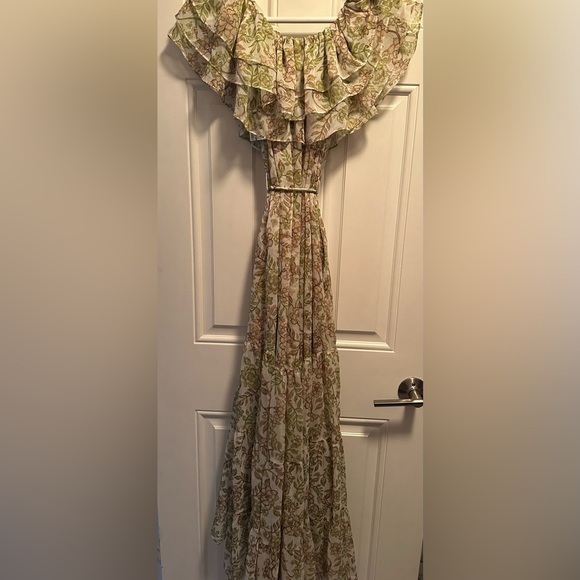 MISA Off-the-shoulder Ruffle Midi Dress Green Motif Small NWT - Picture 6 of 6